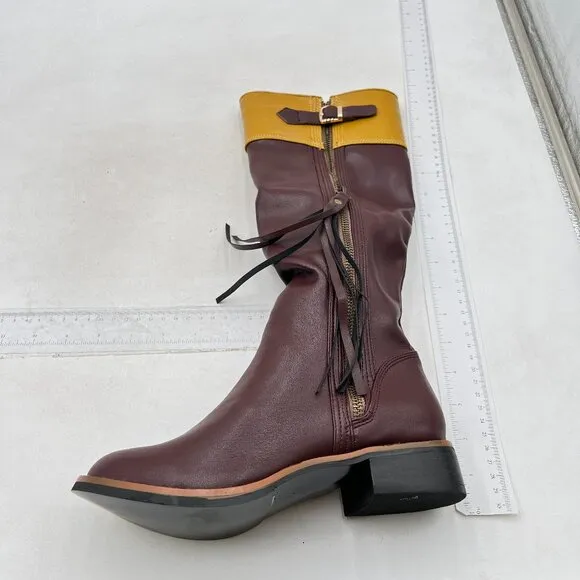 Brown Closed Decorative Buckle Tassel Knee High Boots Low Chunky Heel Long Boot