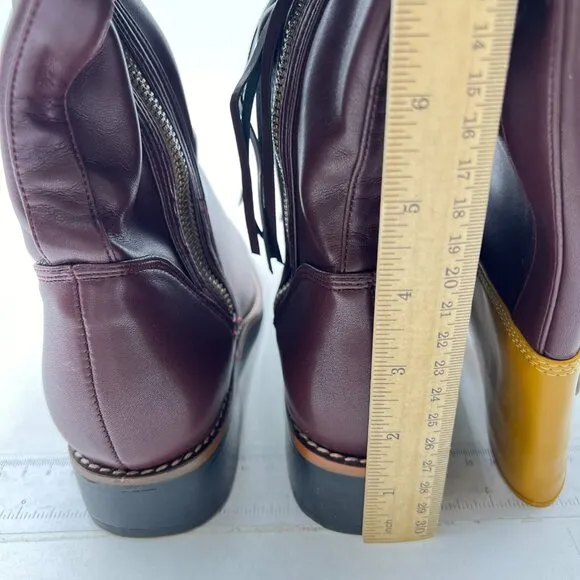 Brown Closed Decorative Buckle Tassel Knee High Boots Low Chunky Heel Long Boot