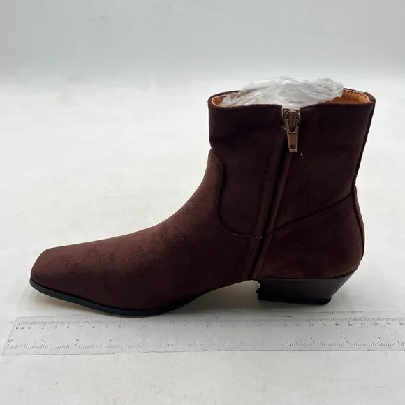 Brown Square Toe Low Chunky Heel Ankle Booties Chic Zip Up Short Boot