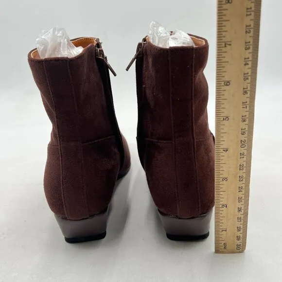 Brown Square Toe Low Chunky Heel Ankle Booties Chic Zip Up Short Boot