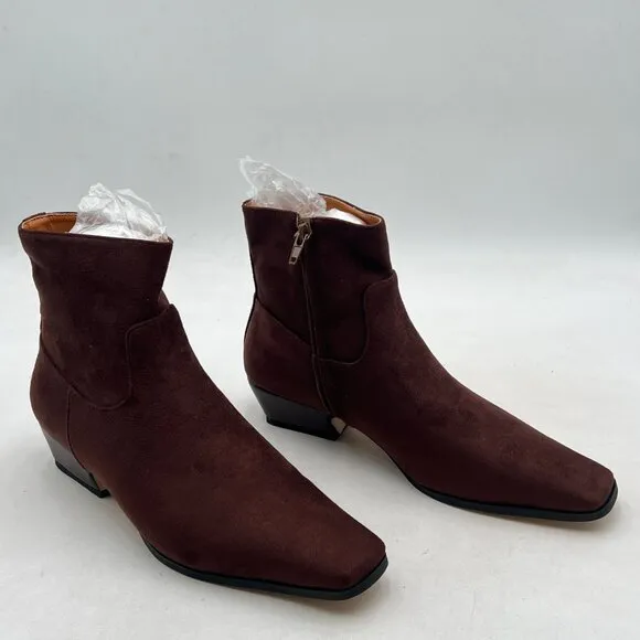 Brown Square Toe Low Chunky Heel Ankle Booties Chic Zip Up Short Boot