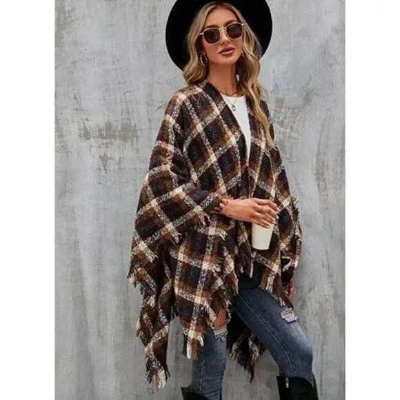 Brown Plaid Checker Print Knit Tassel Poncho Fringed Shawl Pashmina Wrap Sweater