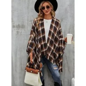 Brown Plaid Checker Print Knit Tassel Poncho Fringed Shawl Pashmina Wrap Sweater