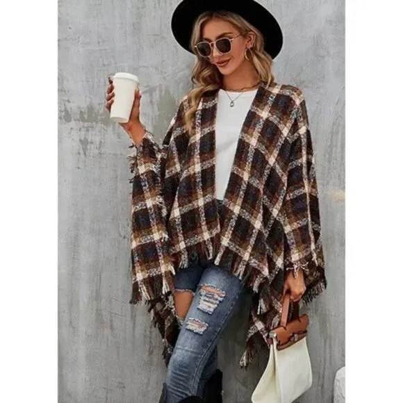 Brown Plaid Checker Print Knit Tassel Poncho Fringed Shawl Pashmina Wrap Sweater