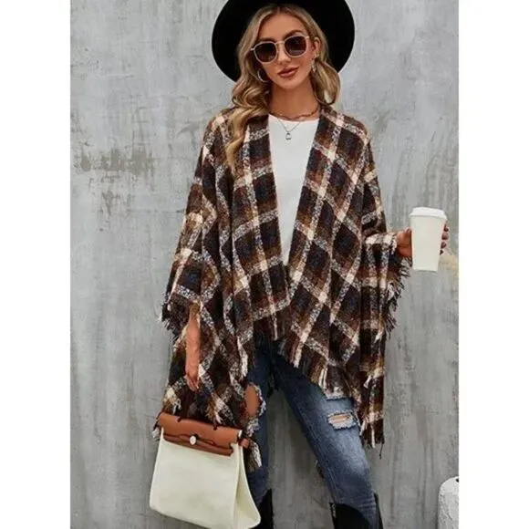 Brown Plaid Checker Print Knit Tassel Poncho Fringed Shawl Pashmina Wrap Sweater