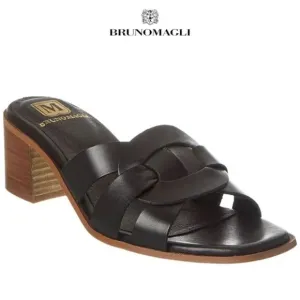 BRUNO MAGLI ARIA BLOCK HEEL BLACK LEATHER SLIDE SANDAL. SIZE 7.5 New