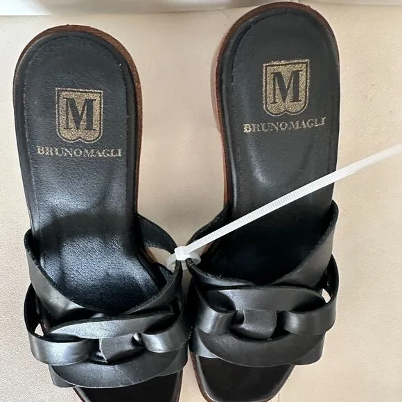 BRUNO MAGLI ARIA BLOCK HEEL BLACK LEATHER SLIDE SANDAL. SIZE 7.5 New