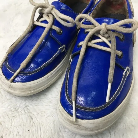 Burberry Kids Blue Patent Leather Lace Up Topsiders Shoes Size 32