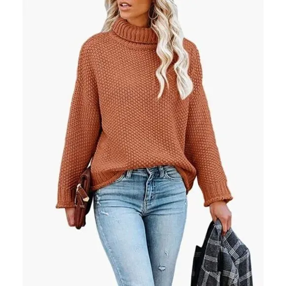 Burnt Orange Chunky Cable Knit Oversized Cowl Turtleneck Long Sleeve Sweater