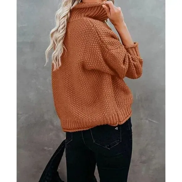 Burnt Orange Chunky Cable Knit Oversized Cowl Turtleneck Long Sleeve Sweater