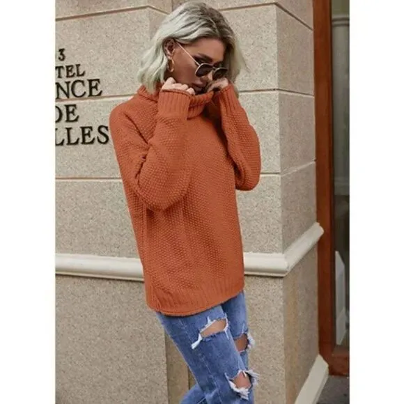 Burnt Orange Chunky Cable Knit Oversized Cowl Turtleneck Long Sleeve Sweater