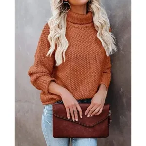 Burnt Orange Chunky Cable Knit Oversized Cowl Turtleneck Long Sleeve Sweater