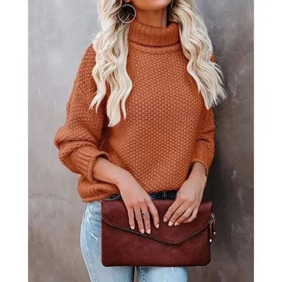 Burnt Orange Chunky Cable Knit Oversized Cowl Turtleneck Long Sleeve Sweater
