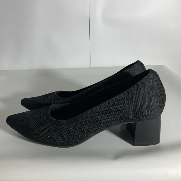 Burudani Women’s Black Chunky Block Heel Pointed Toe Knitted Fabric Shoe Size 10