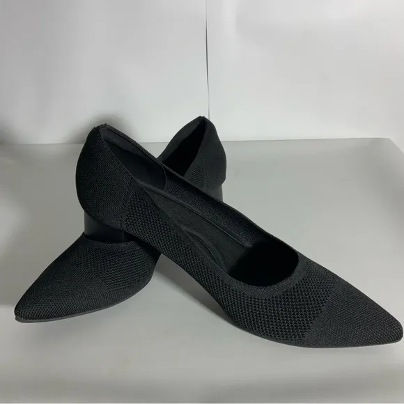 Burudani Women’s Black Chunky Block Heel Pointed Toe Knitted Fabric Shoe Size 10