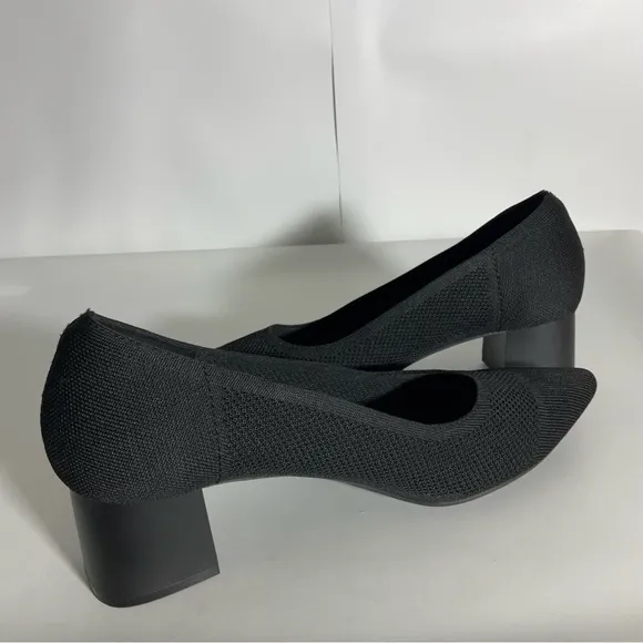 Burudani Women’s Black Chunky Block Heel Pointed Toe Knitted Fabric Shoe Size 10