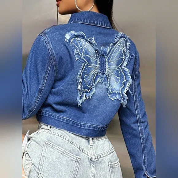 Butterfly Cropped Distressed Frayed Denim Collar Button-Up Pocket Jean Jacket