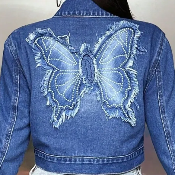 Butterfly Cropped Distressed Frayed Denim Collar Button-Up Pocket Jean Jacket