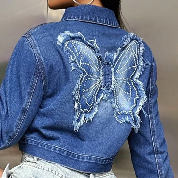 Butterfly Cropped Distressed Frayed Denim Collar Button-Up Pocket Jean Jacket