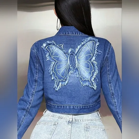 Butterfly Cropped Distressed Frayed Denim Collar Button-Up Pocket Jean Jacket