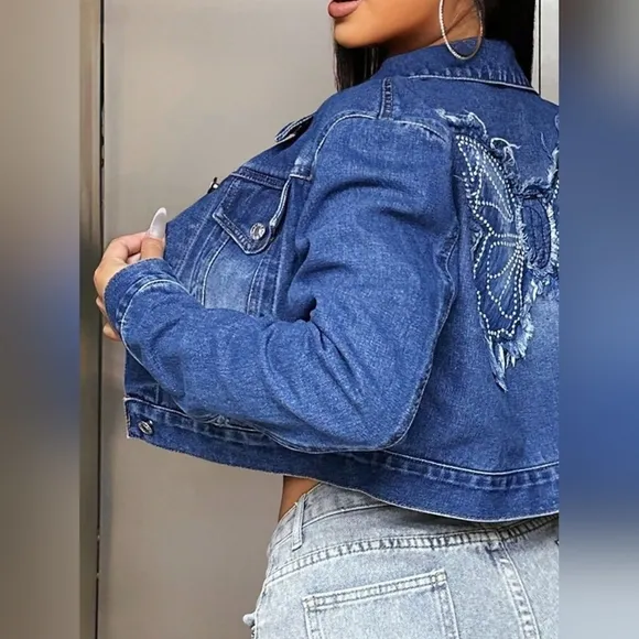 Butterfly Cropped Distressed Frayed Denim Collar Button-Up Pocket Jean Jacket