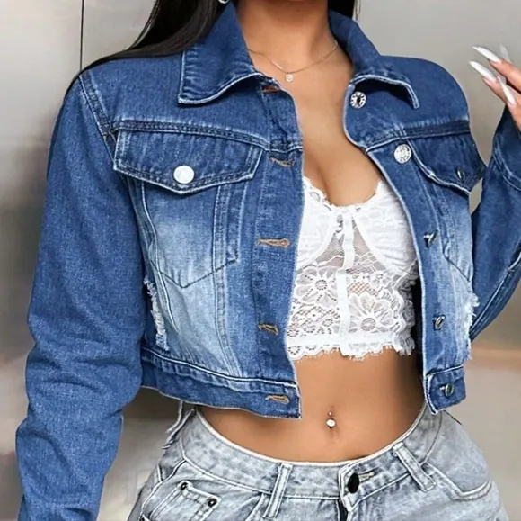 Butterfly Cropped Distressed Frayed Denim Collar Button-Up Pocket Jean Jacket