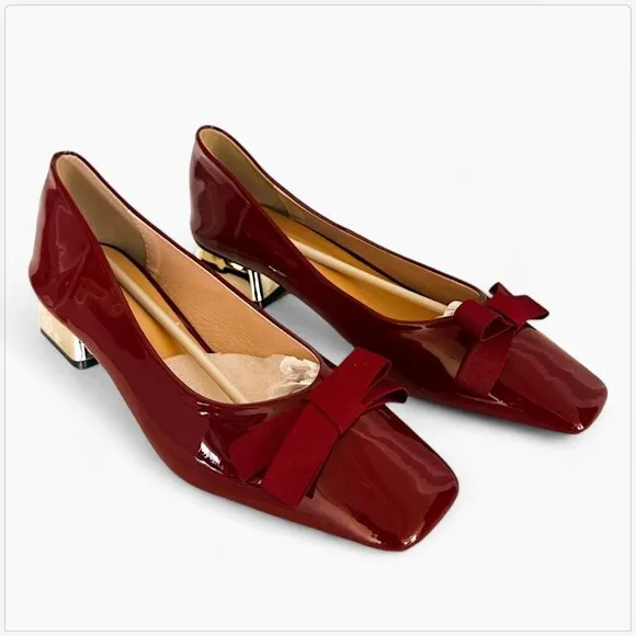 C. Paravano Red Patent Leather Middle Heel Bow Pumps NEW NWOB US Size 9