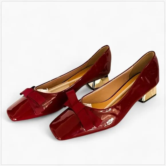 C. Paravano Red Patent Leather Middle Heel Bow Pumps NEW NWOB US Size 9