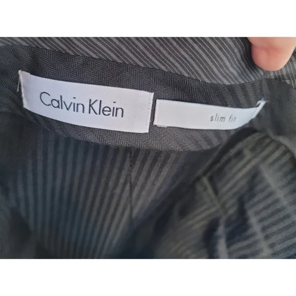 Calvin Klein Black Stripe‎ Slim Fit Hipped Seam Pockets, Men's Wool Dress Pants