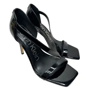 Calvin Klein Sandals Women Size 5.5 Black Patent Leather Square Toe Dress Heels