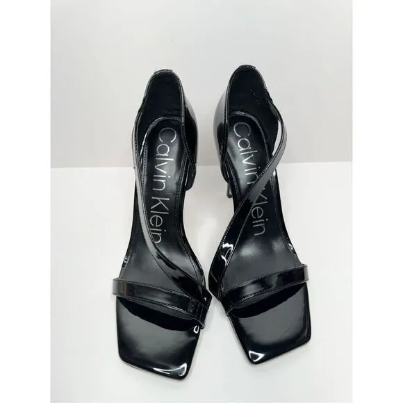 Calvin Klein Sandals Women Size 5.5 Black Patent Leather Square Toe Dress Heels