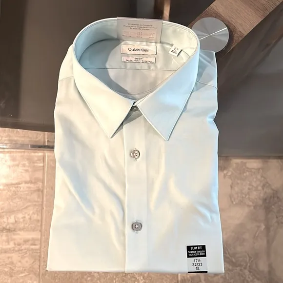 Calvin Klein Steel Slim-Fit Stain Shield Dress Shirt Green Size 17.5 (32/33) NWT