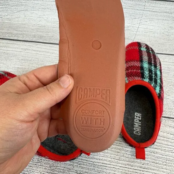 Camper Men's Wabi Red Plaid Wool Outdoor Slippers Size 41/8