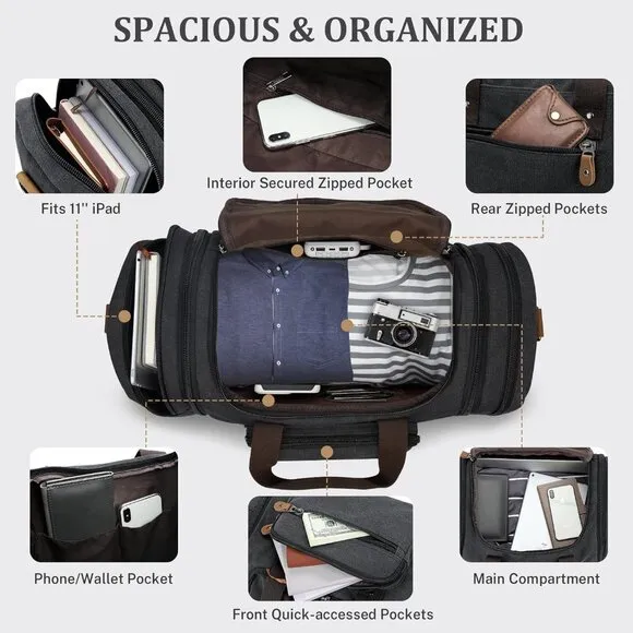 Canvas Duffle Bag for Travel 50L Expandable Duffel Weekend Overnight Bag men Dar