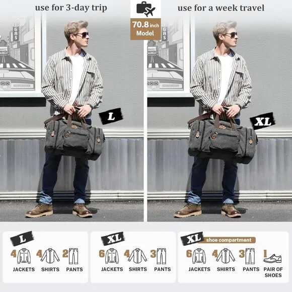 Canvas Duffle Bag for Travel 50L Expandable Duffel Weekend Overnight Bag men Dar