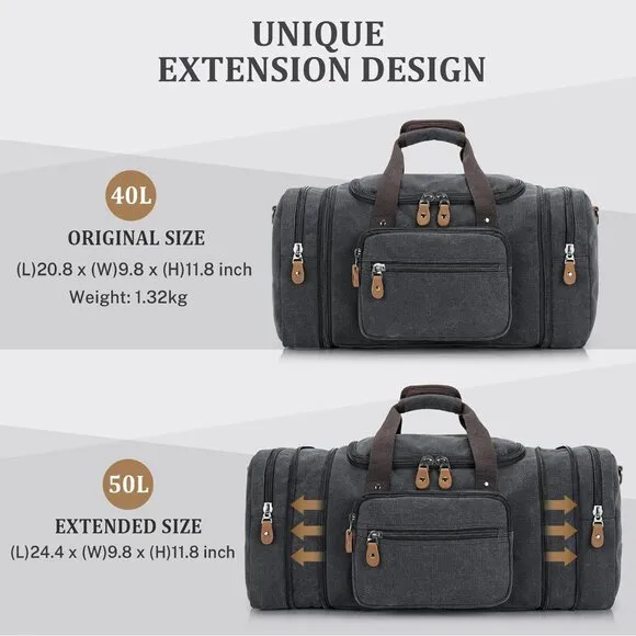 Canvas Duffle Bag for Travel 50L Expandable Duffel Weekend Overnight Bag men Dar