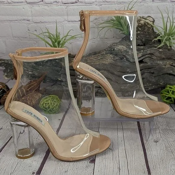 Cape Robbin Benny-1 Open Toe Block Chunky Clear Perspex Heel Ankle Boot Booties