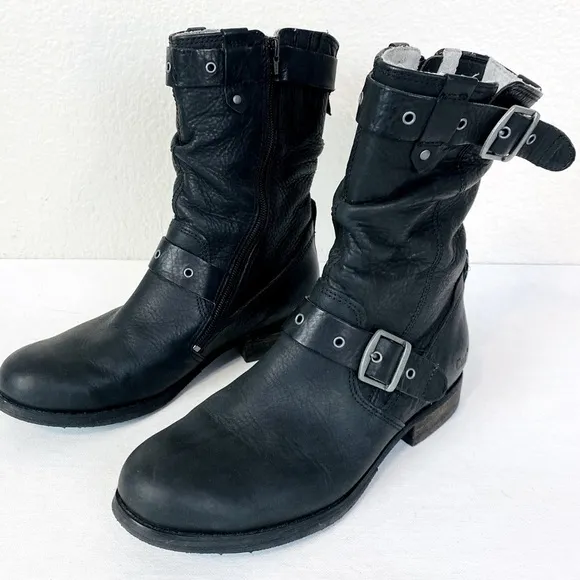 Caterpillar Black Leather Mid Moto Boots Size 8