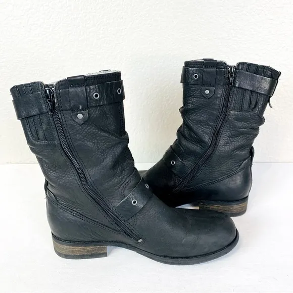 Caterpillar Black Leather Mid Moto Boots Size 8