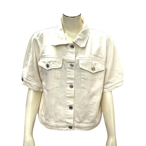 CCC Hengsheng White Denim Crop Top  Jacket Cotton Polyester Blend Pockets Sz XL