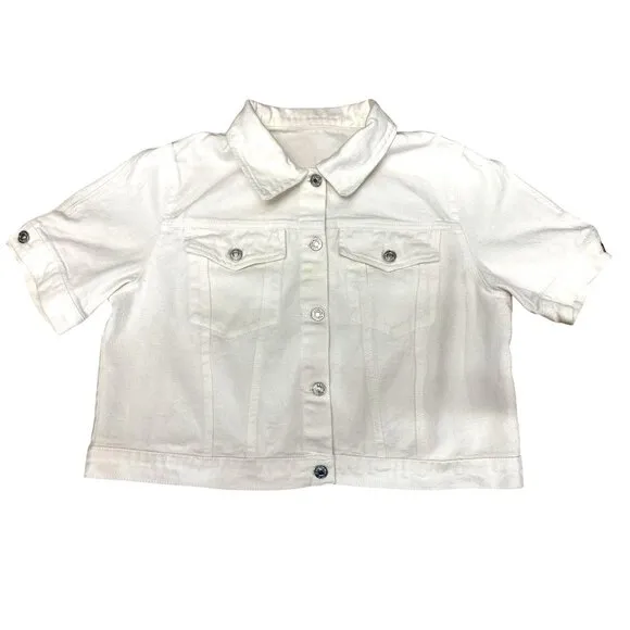 CCC Hengsheng White Denim Crop Top  Jacket Cotton Polyester Blend Pockets Sz XL