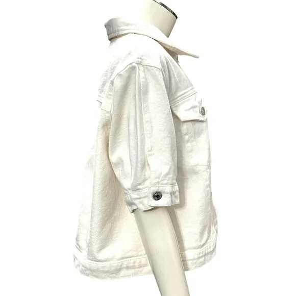 CCC Hengsheng White Denim Crop Top  Jacket Cotton Polyester Blend Pockets Sz XL