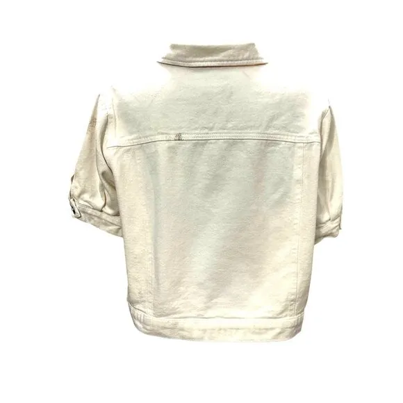 CCC Hengsheng White Denim Crop Top  Jacket Cotton Polyester Blend Pockets Sz XL