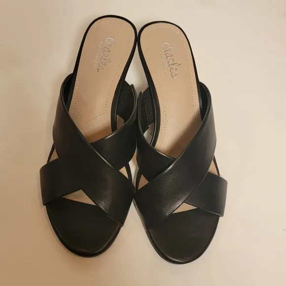 CHARLES DAVID Cork Wedge Black leather Cris Cross open toe Slip-on mules 7.5