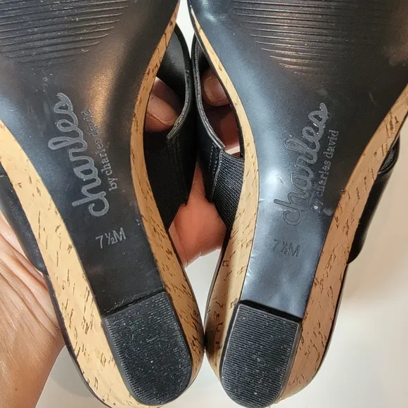 CHARLES DAVID Cork Wedge Black leather Cris Cross open toe Slip-on mules 7.5