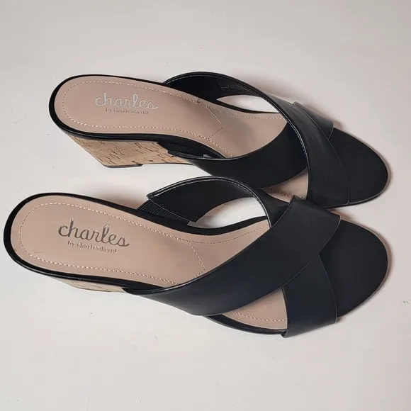 CHARLES DAVID Cork Wedge Black leather Cris Cross open toe Slip-on mules 7.5