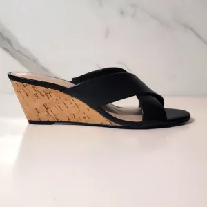 CHARLES DAVID Cork Wedge Black leather Cris Cross open toe Slip-on mules 7.5