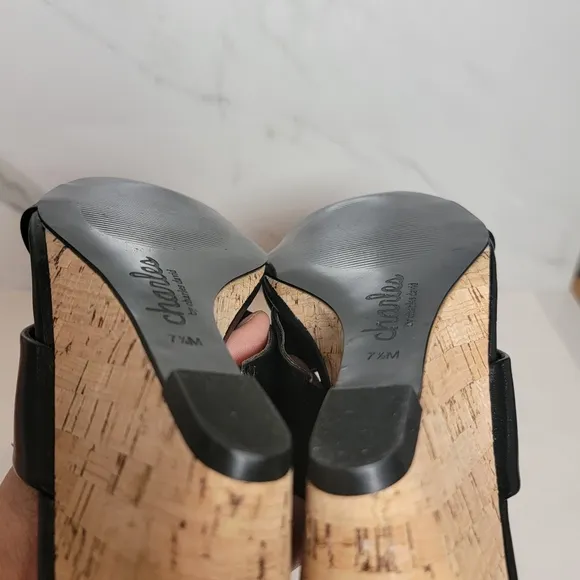 CHARLES DAVID Cork Wedge Black leather Cris Cross open toe Slip-on mules 7.5