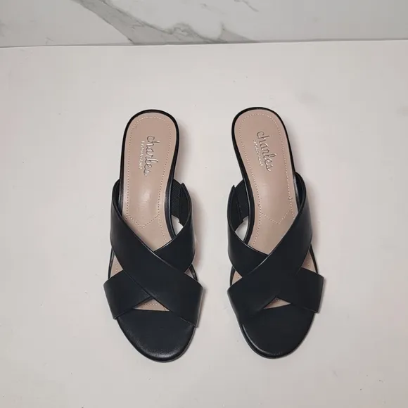 CHARLES DAVID Cork Wedge Black leather Cris Cross open toe Slip-on mules 7.5