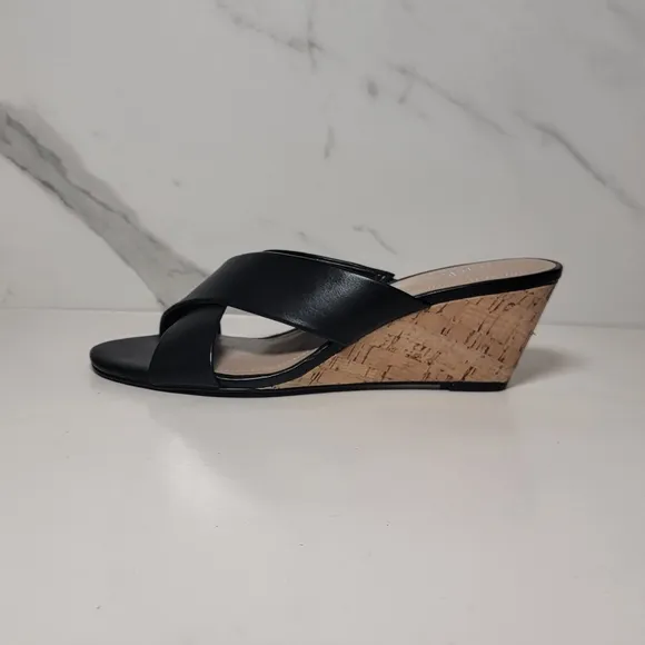 CHARLES DAVID Cork Wedge Black leather Cris Cross open toe Slip-on mules 7.5